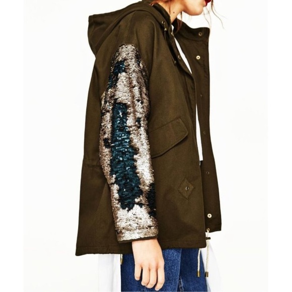 Zara Color-Changing Sequin Sleeve Parka Olive Green Utility Jacket Shiny Size S - Picture 3 of 15